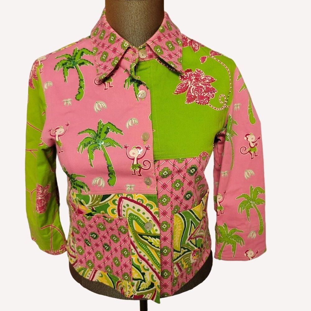 Womens Cropped Jacket Hot Pink Beaded Monkeys Tropical Vanity Collection Sz M
